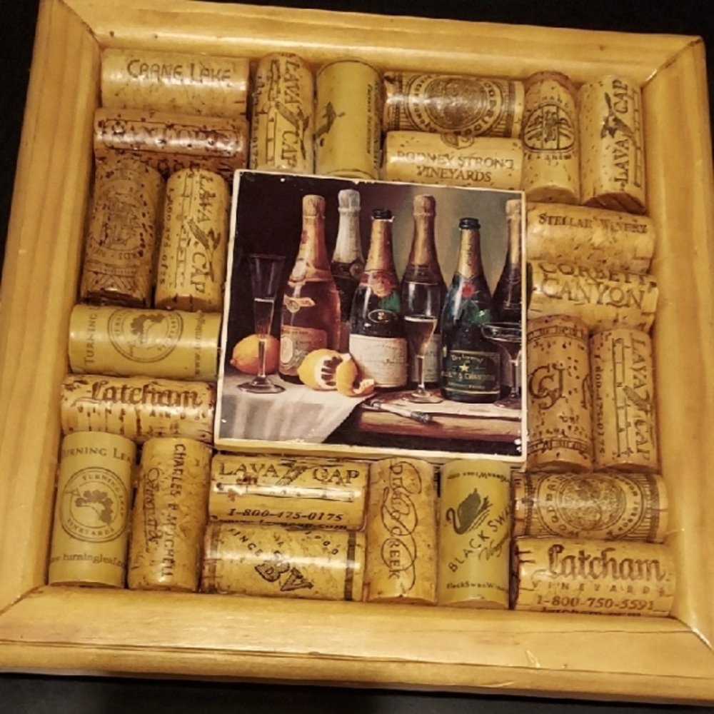 Wine Cork Screw Trivet with Champagne Pictures. 9 X 9 Inches